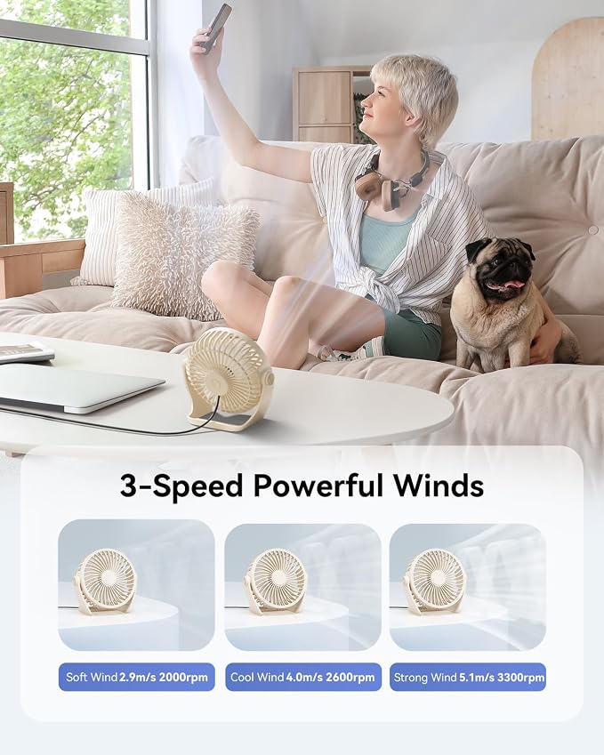 USB Desk Fan, 5 Inch Small Portable, 3 Speeds Powerful Wind Mini Personal Desktop Fan 360° Rotation Adjustable, Plug In USB