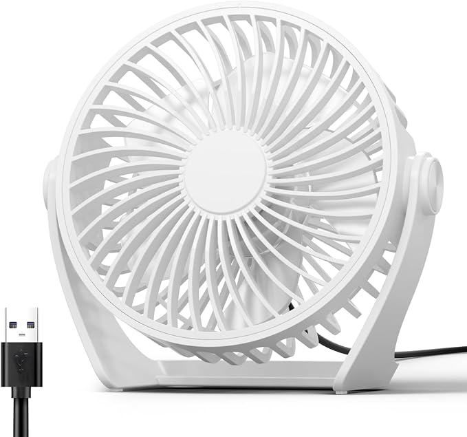 USB Desk Fan, 5 Inch Small Portable, 3 Speeds Powerful Wind Mini Personal Desktop Fan 360° Rotation Adjustable, Plug In USB