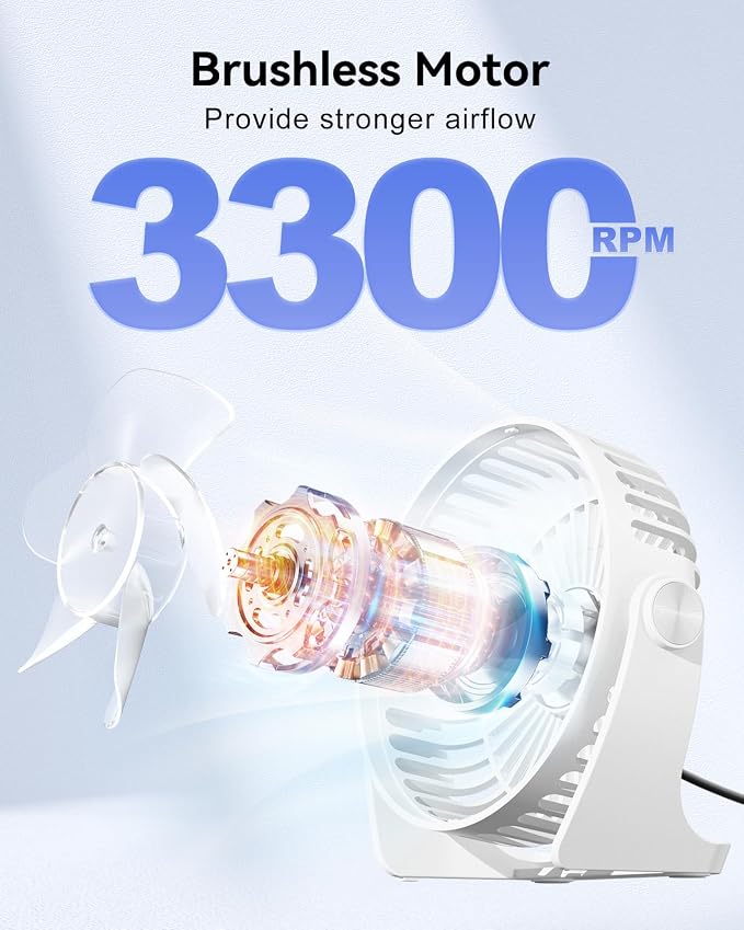 USB Desk Fan, 5 Inch Small Portable, 3 Speeds Powerful Wind Mini Personal Desktop Fan 360° Rotation Adjustable, Plug In USB