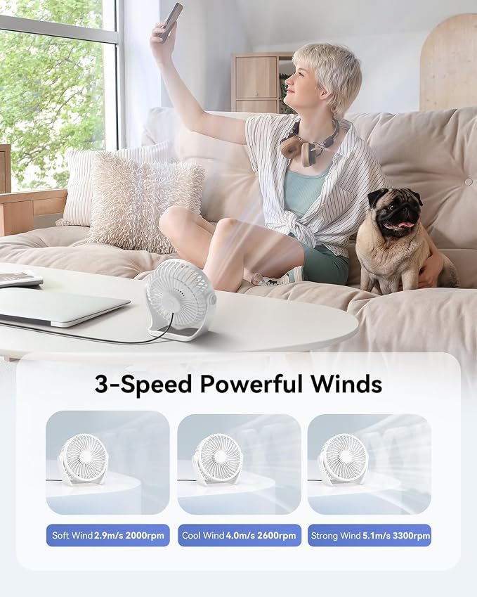 USB Desk Fan, 5 Inch Small Portable, 3 Speeds Powerful Wind Mini Personal Desktop Fan 360° Rotation Adjustable, Plug In USB