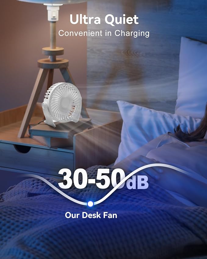 USB Desk Fan, 5 Inch Small Portable, 3 Speeds Powerful Wind Mini Personal Desktop Fan 360° Rotation Adjustable, Plug In USB