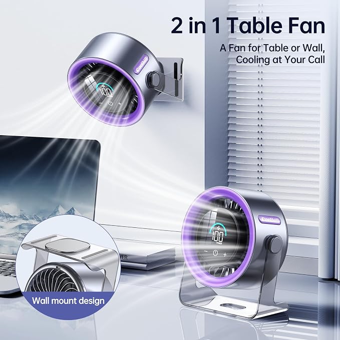 USB Desk Fan for Bedroom: 100 Speeds Digital Display Quiet Table Fan with Turbo Airflow, 120° Rotating Small Rechargeable