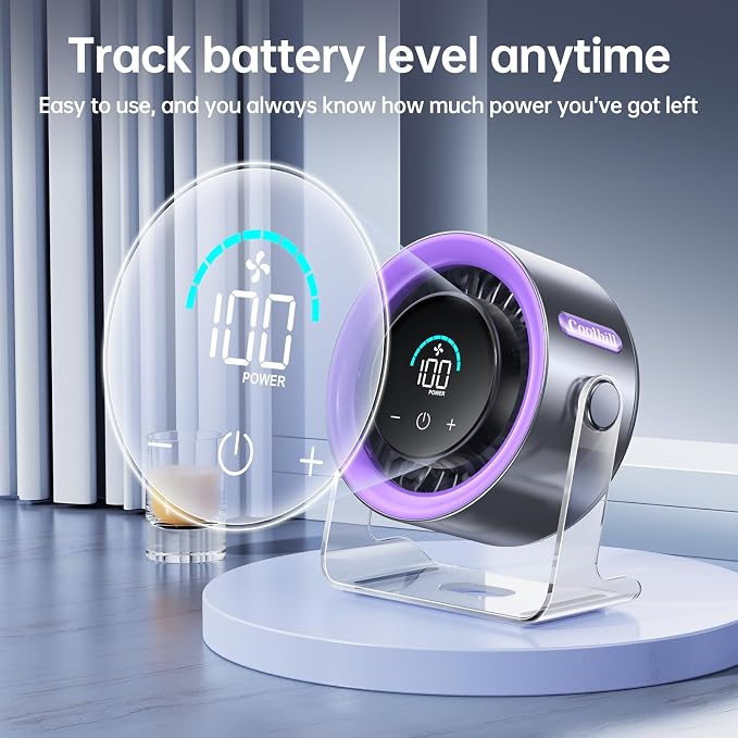USB Desk Fan for Bedroom: 100 Speeds Digital Display Quiet Table Fan with Turbo Airflow, 120° Rotating Small Rechargeable