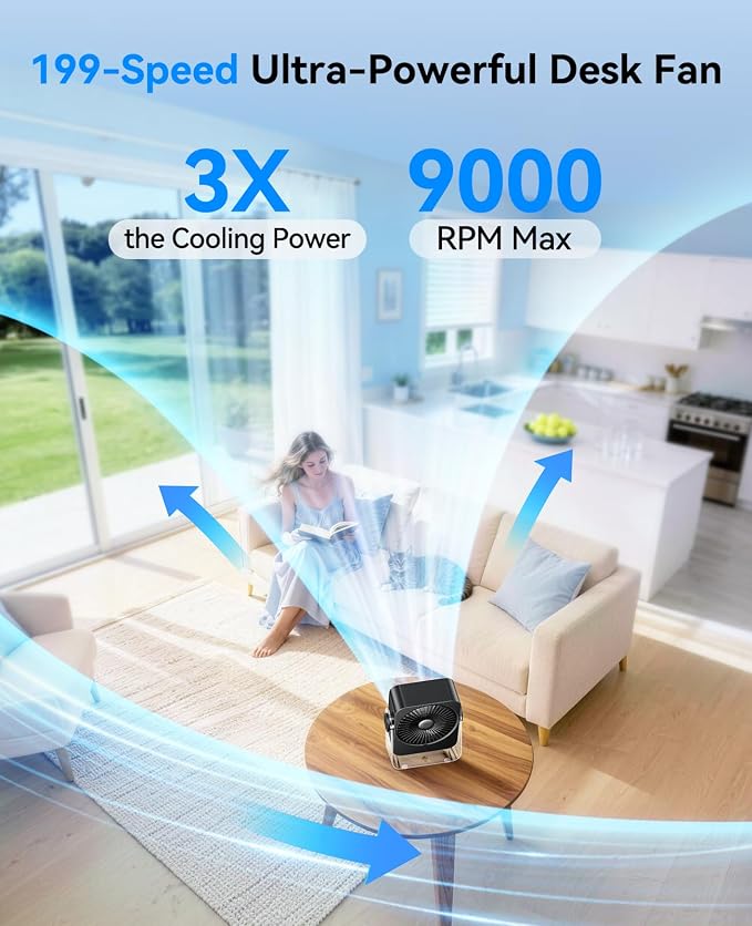 USB Desk Fan for Bedroom, 199 Speeds Turbo Airflow, Portable Fan with Ice Cooling, Digital Display Quiet Table Fan, alternate