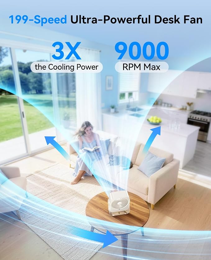 USB Desk Fan for Bedroom, 199 Speeds Turbo Airflow, Portable Fan with Ice Cooling, Digital Display Quiet Table Fan, alternate
