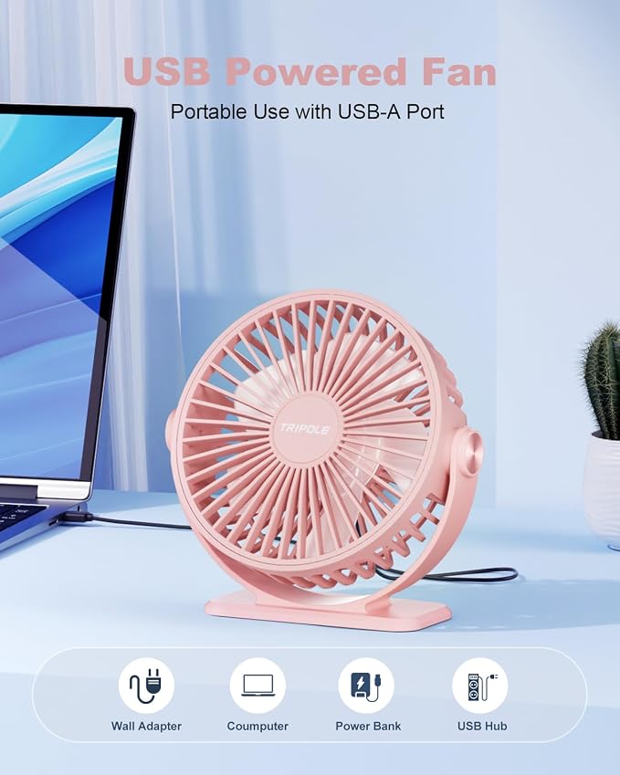 USB Desk Fan Mini Portable Personal Fan, 3 Speeds Adjustable Strong Breeze Small Electric Fan, 360° Rotation Quiet Plug In