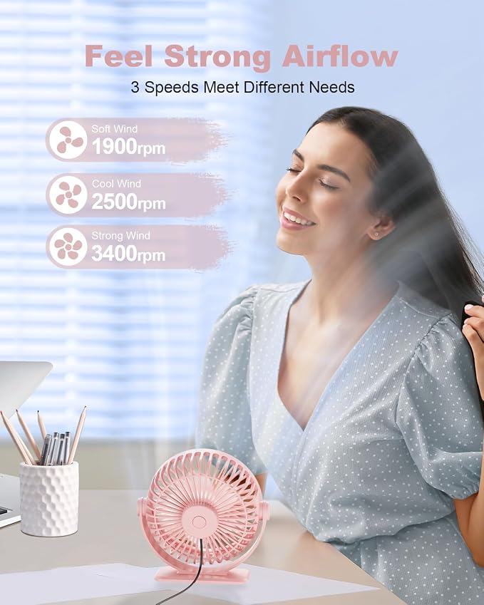 USB Desk Fan Mini Portable Personal Fan, 3 Speeds Adjustable Strong Breeze Small Electric Fan, 360° Rotation Quiet Plug In