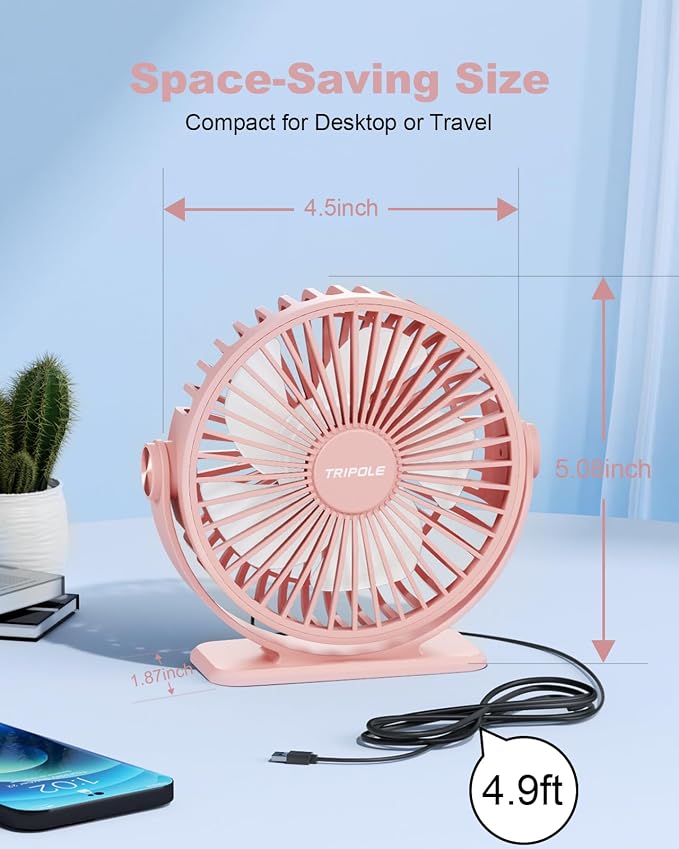 USB Desk Fan Mini Portable Personal Fan, 3 Speeds Adjustable Strong Breeze Small Electric Fan, 360° Rotation Quiet Plug In