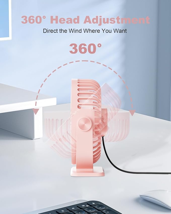 USB Desk Fan Mini Portable Personal Fan, 3 Speeds Adjustable Strong Breeze Small Electric Fan, 360° Rotation Quiet Plug In