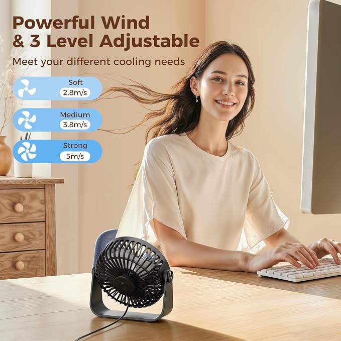 USB Desk Fan Portable Mini Fan Powerful 3 Speeds Wind Personal Desktop Fan with 360° Head Rotation for Home, alternate view 2