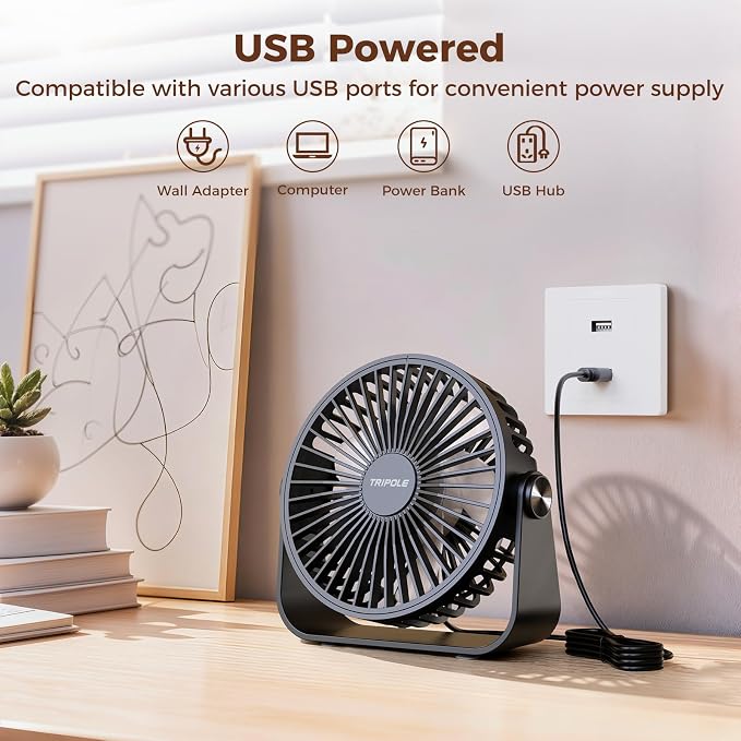 USB Desk Fan Portable Mini Fan Powerful 3 Speeds Wind Personal Desktop Fan with 360° Head Rotation for Home, alternate view 4