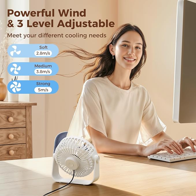 USB Desk Fan Portable Mini Fan Powerful 3 Speeds Wind Personal Desktop Fan with 360° Head Rotation for Home, alternate view 2