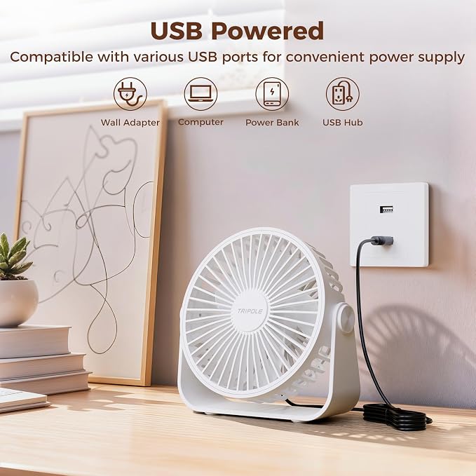 USB Desk Fan Portable Mini Fan Powerful 3 Speeds Wind Personal Desktop Fan with 360° Head Rotation for Home, alternate view 4