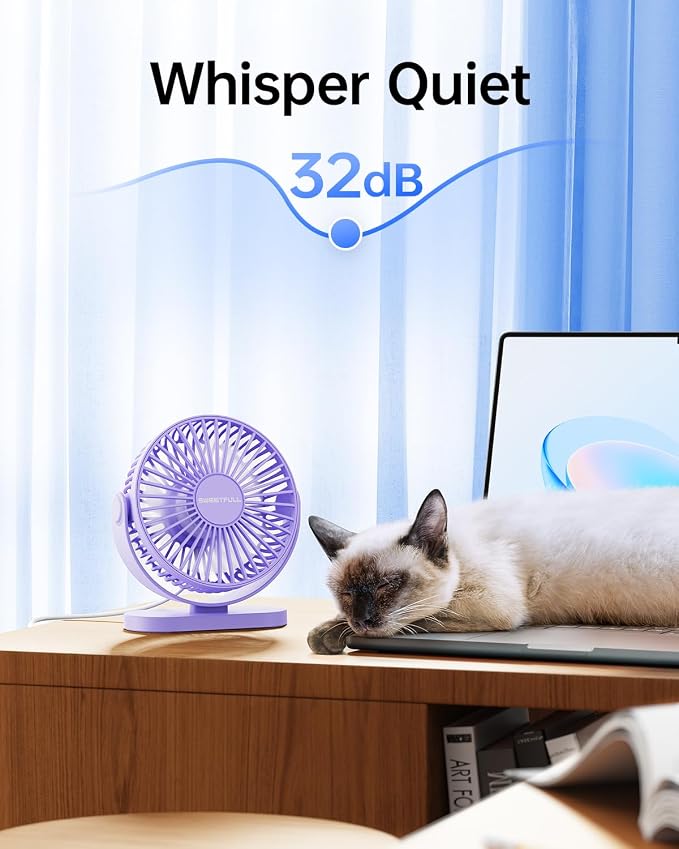 USB Desk Fan Small Quiet - 3 Speeds Mini Personal Portable Fan 360° Rotation Adjustable, 5.5 Inch Office Table Cooling