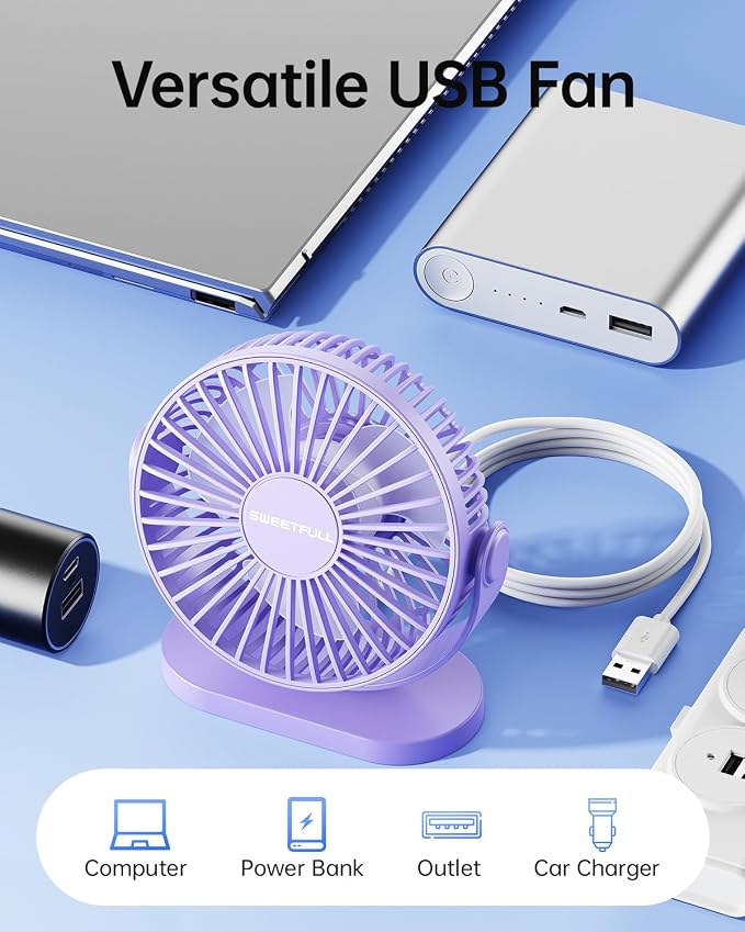 USB Desk Fan Small Quiet - 3 Speeds Mini Personal Portable Fan 360° Rotation Adjustable, 5.5 Inch Office Table Cooling
