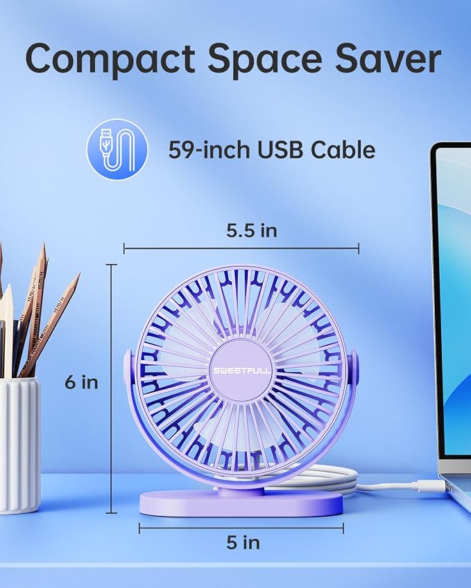 USB Desk Fan Small Quiet - 3 Speeds Mini Personal Portable Fan 360° Rotation Adjustable, 5.5 Inch Office Table Cooling