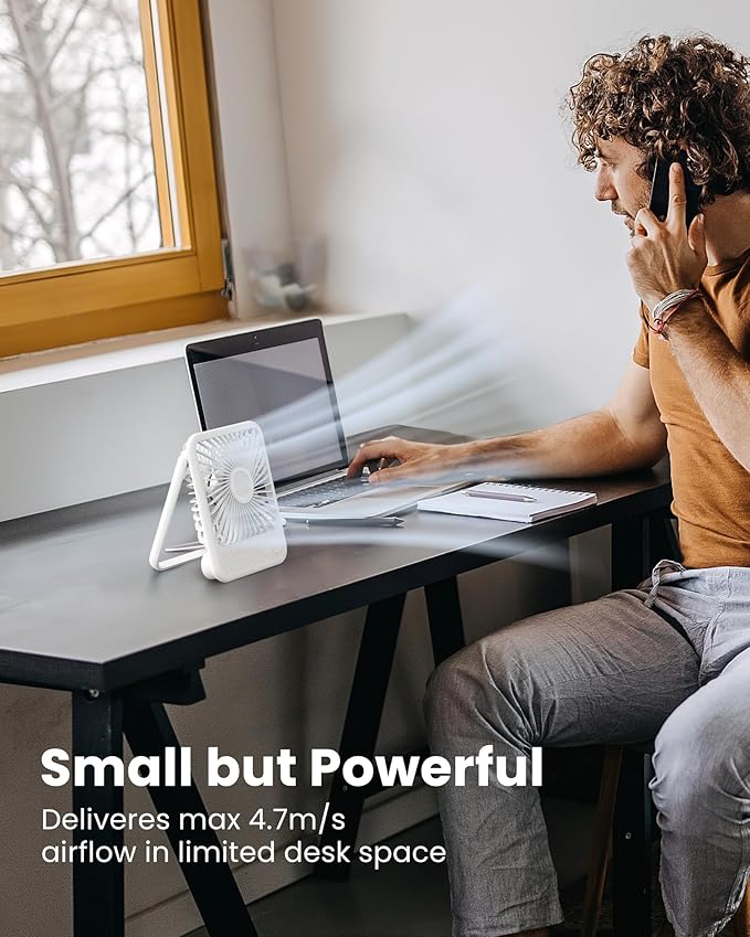 USB Desk Fan, Strong Wind Ultra Quiet Small Personal Fan with 180° Tilt Folding and 3 Speeds Adjustable, USB-C Corded Powered