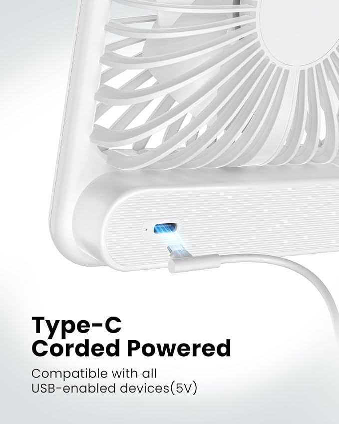 USB Desk Fan, Strong Wind Ultra Quiet Small Personal Fan with 180° Tilt Folding and 3 Speeds Adjustable, USB-C Corded Powered