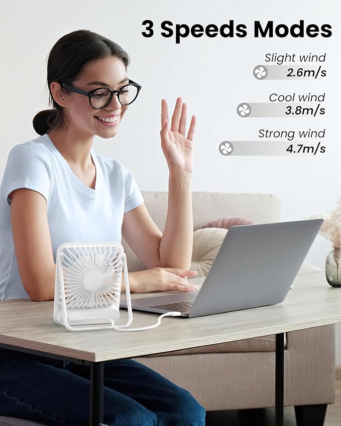 USB Desk Fan, Strong Wind Ultra Quiet Small Personal Fan with 180° Tilt Folding and 3 Speeds Adjustable, USB-C Corded Powered