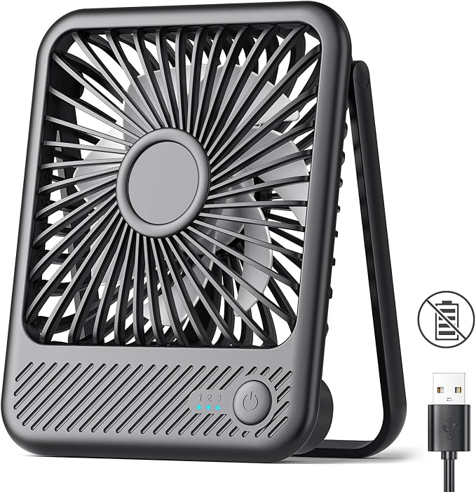 USB Desk Fan, Strong Wind Ultra Quiet Small Personal Fan with 180° Tilt Folding and 3 Speeds Adjustable, USB-C