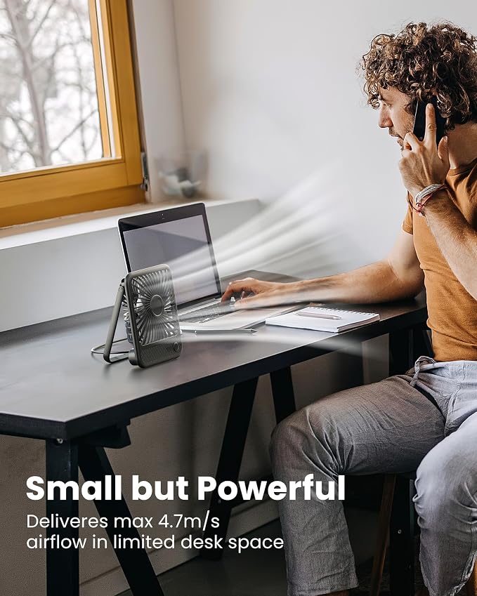 USB Desk Fan, Strong Wind Ultra Quiet Small Personal Fan with 180° Tilt Folding and 3 Speeds Adjustable, USB-C, alternate
