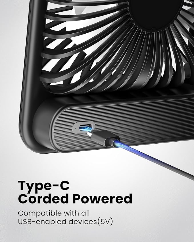USB Desk Fan, Strong Wind Ultra Quiet Small Personal Fan with 180° Tilt Folding and 3 Speeds Adjustable, USB-C, alternate