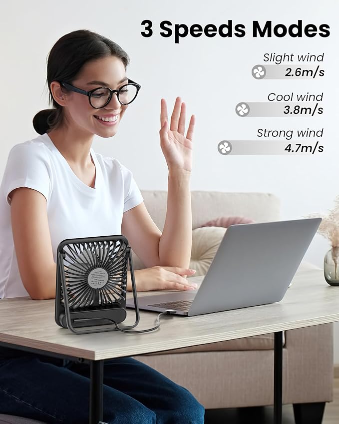 USB Desk Fan, Strong Wind Ultra Quiet Small Personal Fan with 180° Tilt Folding and 3 Speeds Adjustable, USB-C, alternate