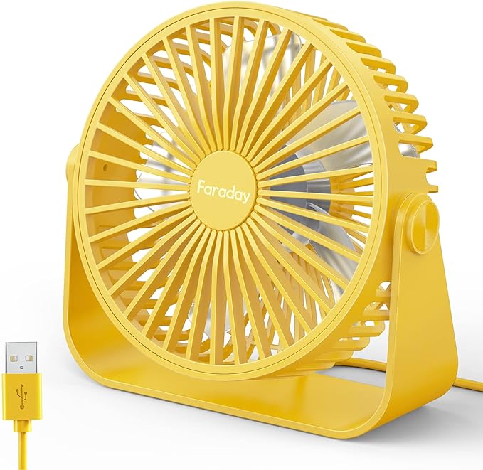 USB Desk Fans 5 Inches Portable Table Fans 360° Head Rotation Small Personal Desktop Fan for Home Office, 3 Speeds, Yellow
