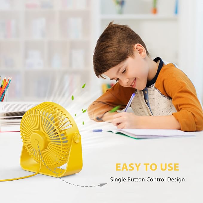 USB Desk Fans 5 Inches Portable Table Fans 360° Head Rotation Small Personal Desktop Fan for Home Office, 3 Speeds, Yellow