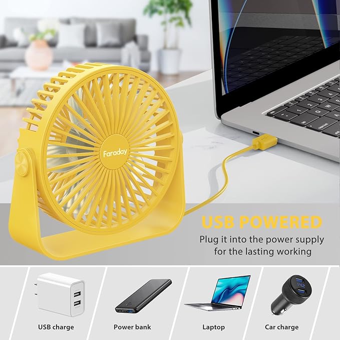 USB Desk Fans 5 Inches Portable Table Fans 360° Head Rotation Small Personal Desktop Fan for Home Office, 3 Speeds, Yellow