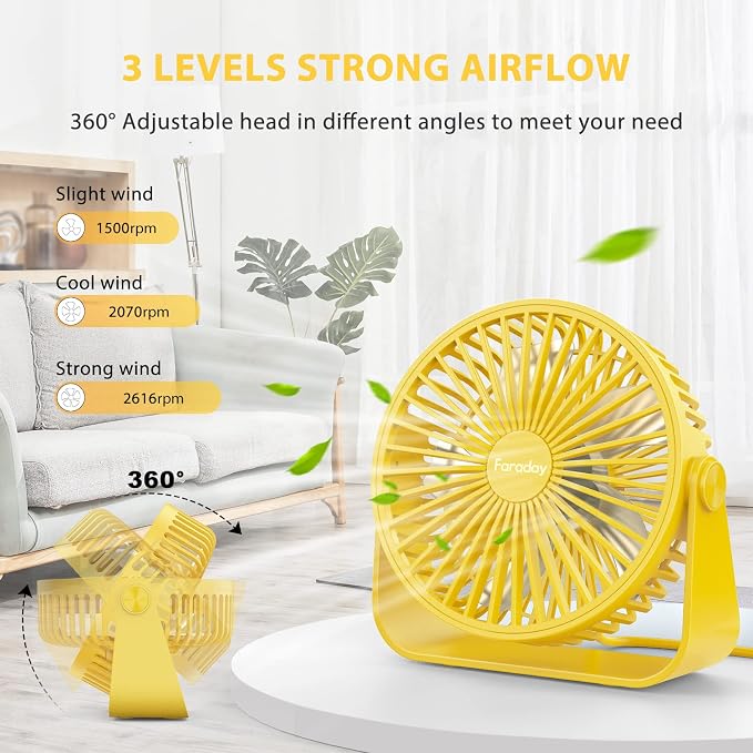 USB Desk Fans 5 Inches Portable Table Fans 360° Head Rotation Small Personal Desktop Fan for Home Office, 3 Speeds, Yellow