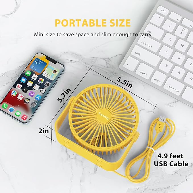 USB Desk Fans 5 Inches Portable Table Fans 360° Head Rotation Small Personal Desktop Fan for Home Office, 3 Speeds, Yellow