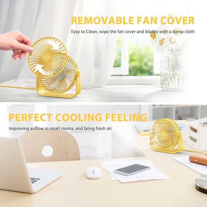 USB Desk Fans 5 Inches Portable Table Fans 360° Head Rotation Small Personal Desktop Fan for Home Office, 3 Speeds, Yellow