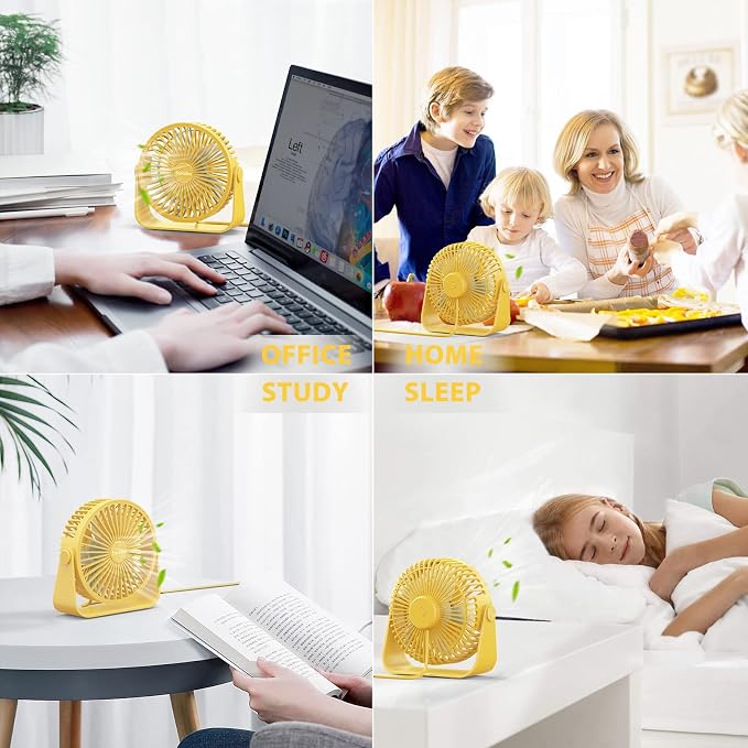 USB Desk Fans 5 Inches Portable Table Fans 360° Head Rotation Small Personal Desktop Fan for Home Office, 3 Speeds, Yellow