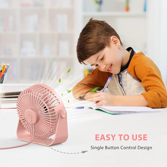 USB Desk Fans 5 Inches Portable Table Fans 360° Head Rotation Small Personal Desktop Fan for Home Office, 3 Speeds, Pink