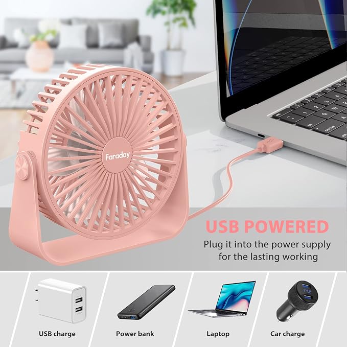USB Desk Fans 5 Inches Portable Table Fans 360° Head Rotation Small Personal Desktop Fan for Home Office, 3 Speeds, Pink