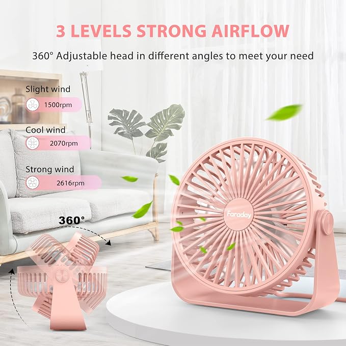 USB Desk Fans 5 Inches Portable Table Fans 360° Head Rotation Small Personal Desktop Fan for Home Office, 3 Speeds, Pink
