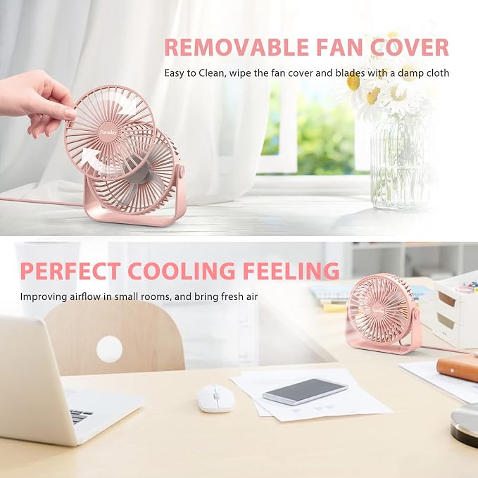 USB Desk Fans 5 Inches Portable Table Fans 360° Head Rotation Small Personal Desktop Fan for Home Office, 3 Speeds, Pink