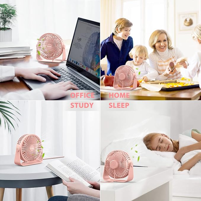 USB Desk Fans 5 Inches Portable Table Fans 360° Head Rotation Small Personal Desktop Fan for Home Office, 3 Speeds, Pink