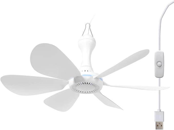 USB Mini Small Ceiling Fan Battery operated, Power Bank powered quiet Camping Optional Emergency Portable