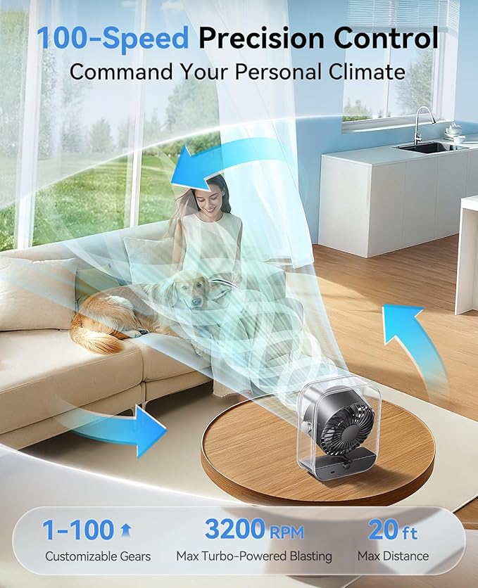 USB Rechargeable Desk Fan, Small Portable Table Fan with 100 Speeds Turbo Airflow, 90° Tilt Quiet Desktop Fan for Bedroom