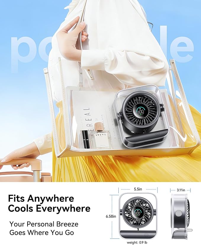USB Rechargeable Desk Fan, Small Portable Table Fan with 100 Speeds Turbo Airflow, 90° Tilt Quiet Desktop Fan for Bedroom