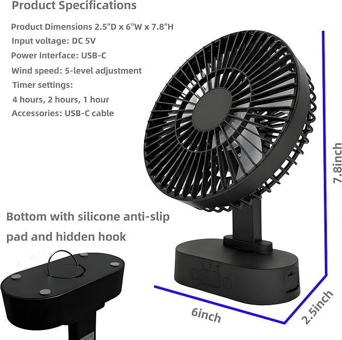 USB Small Mini Quiet Desk Fan 6-Inch Size, 5-Speed Adjustable Wind Strength with Digital Display, 3-Level Timer Auto