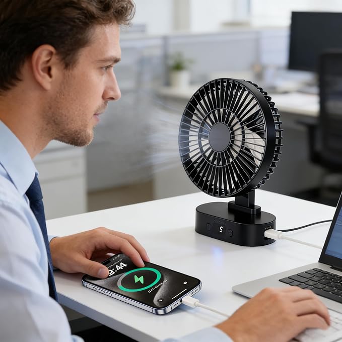 USB Small Mini Quiet Desk Fan 6-Inch Size, 5-Speed Adjustable Wind Strength with Digital Display, 3-Level Timer Auto