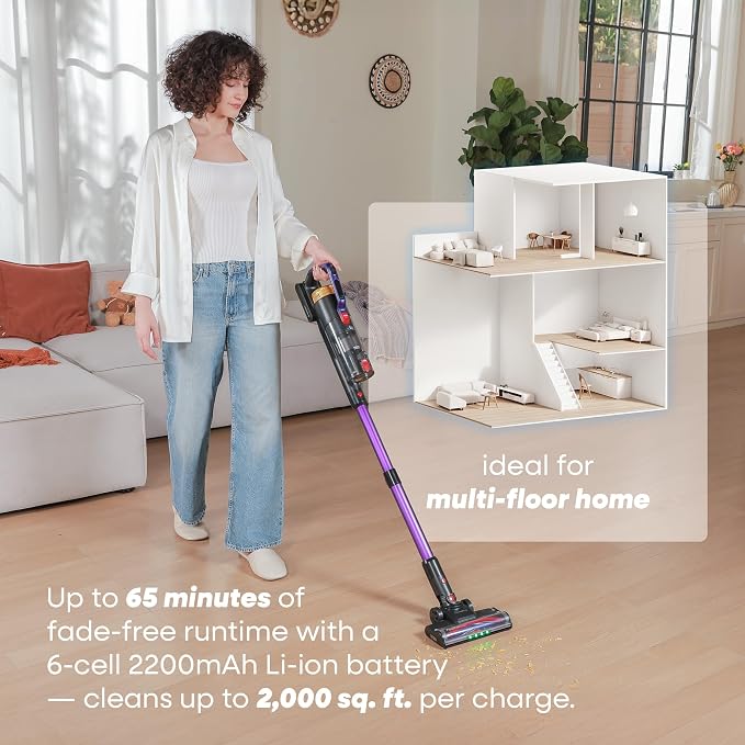 UV2 Cordless Vacuum Cleaner, 48000Pa/550W Vacuum Cleaners for Home, Lightweight Stick Vacuum with 65Mins Runtime