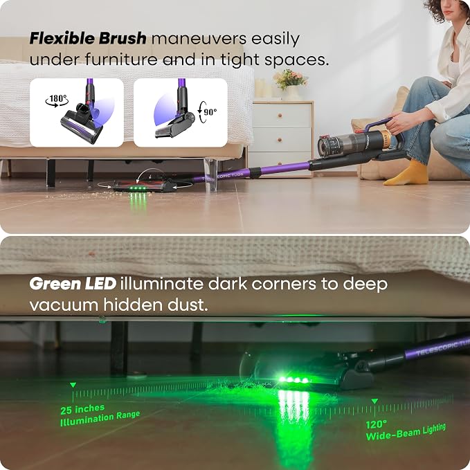 UV2 Cordless Vacuum Cleaner, 48000Pa/550W Vacuum Cleaners for Home, Lightweight Stick Vacuum with 65Mins Runtime