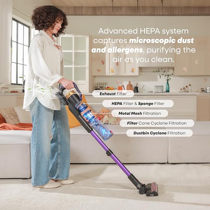UV2 Cordless Vacuum Cleaner, 48000Pa/550W Vacuum Cleaners for Home, Lightweight Stick Vacuum with 65Mins Runtime
