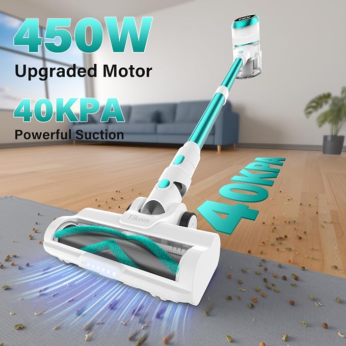 V500 Cordless Vacuum Cleaner for Home, 40000Pa/450W Stick Vacuum with LED Touch Screen, Charging Wall Dock, Anti-Tangle