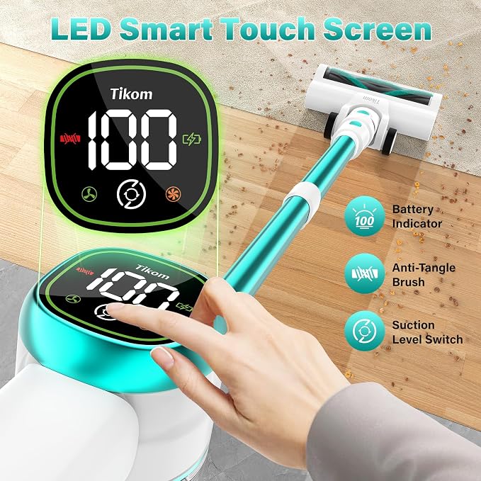 V500 Cordless Vacuum Cleaner for Home, 40000Pa/450W Stick Vacuum with LED Touch Screen, Charging Wall Dock, Anti-Tangle