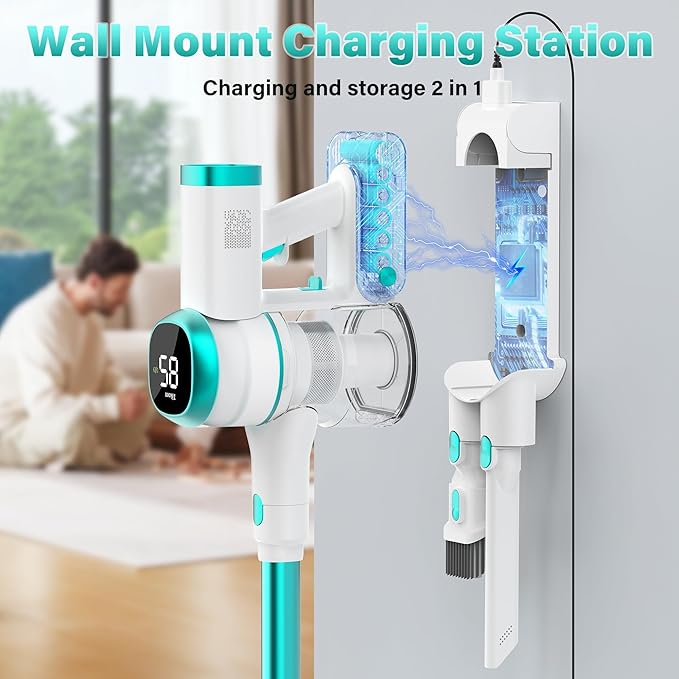 V500 Cordless Vacuum Cleaner for Home, 40000Pa/450W Stick Vacuum with LED Touch Screen, Charging Wall Dock, Anti-Tangle